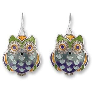 Zarah Wide-Eyed Owl Dangle Earrings Sterling Silver Plated Enamel Bird
